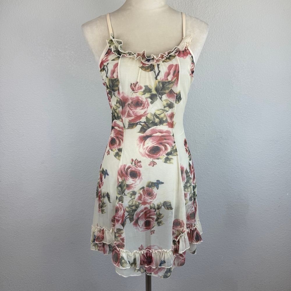 Floral Mesh Mini Dress Ruffle Trim Cami Strap Cottagecore Boho Women's Dress